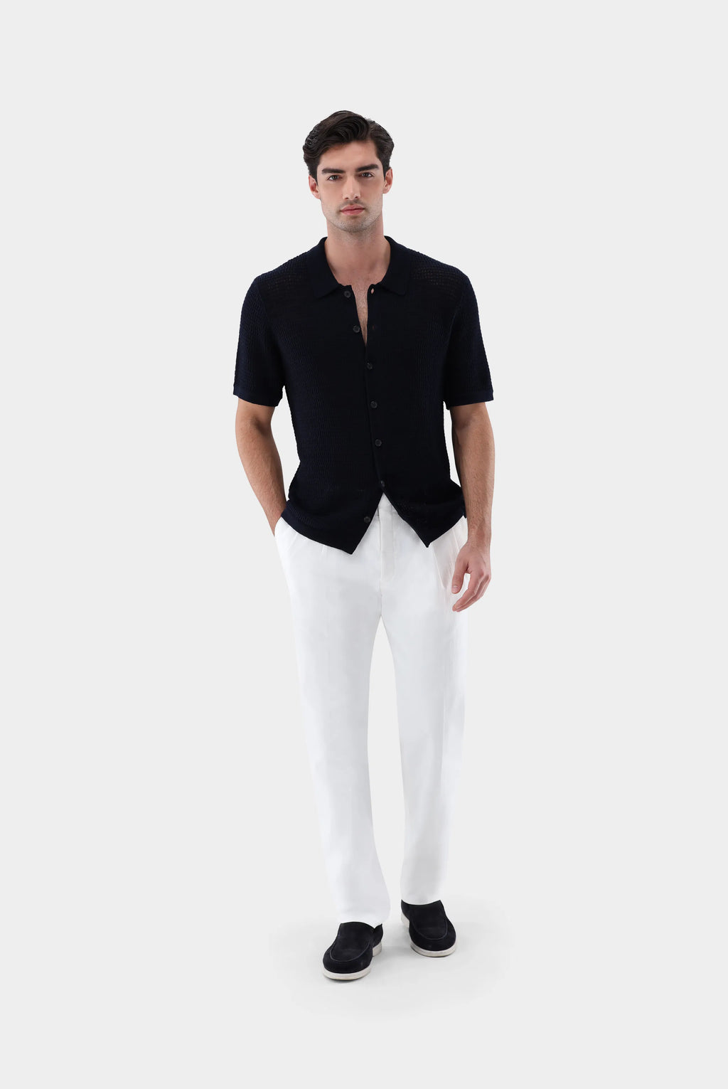 Häkel-Strickhemd mit Kurzarm aus Kaschmir und Baumwolle