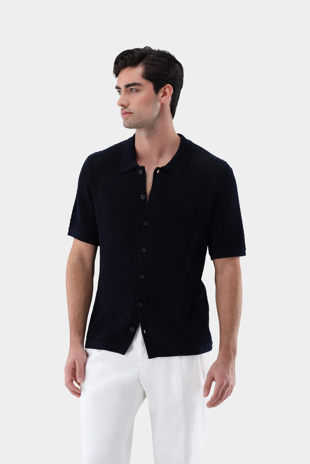 Häkel-Strickhemd mit Kurzarm aus Kaschmir und Baumwolle