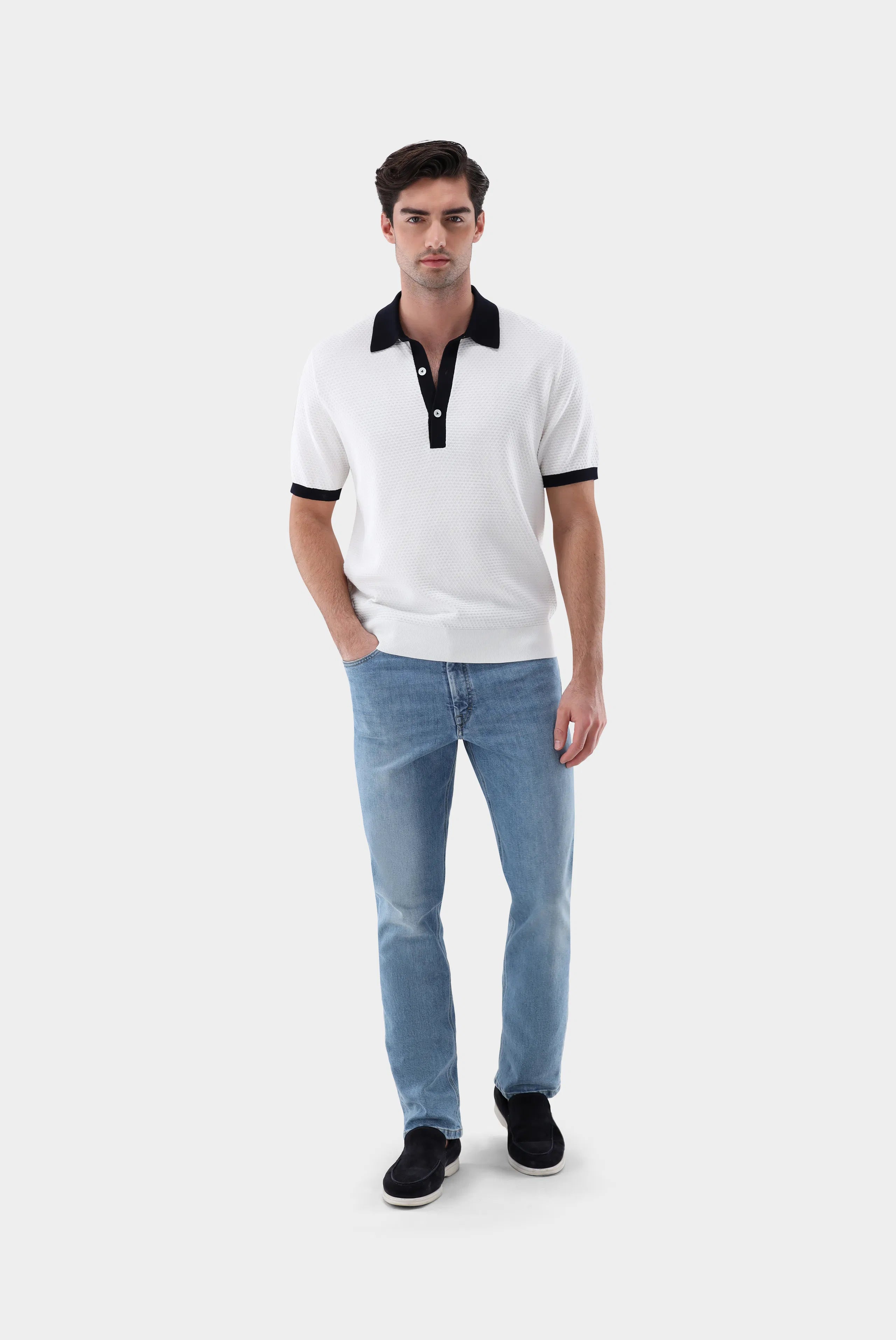 Strick Poloshirt - mit Kontraskragen und Struktur
